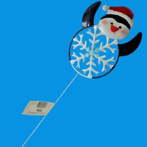 Penguin Snowflake Garden Stake Lawn Ornament Santa Hat Metal Holiday Yard Decor